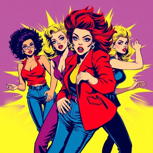 vibrant, dynamic, expressive, bold colors, exaggerated expressions, pop art influence, Roy Lichtenstein, 1960s retro style, fashion-forward, confident poses, playful attitude, strong women, comic-style shading, high contrast, lively, spirited, energetic movement, high fashion, contemporary, whimsical tone, cultural flair, spirited personalities, modern twist, dramatic lighting, comic strip, urban chic, powerful, influential