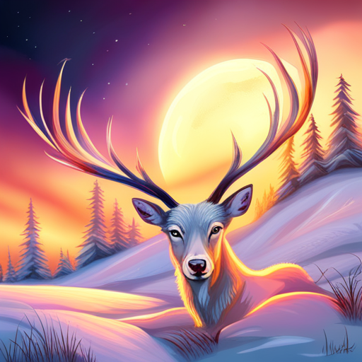 mythical creatures, winter landscape, magical, ethereal, whimsical, nature, wildlife, majestic, antlers, snow, ice, mystical, enchanted forest, celestial, aurora borealis, folklore, fairytale, dreamlike, shimmering, mystical, fantastical