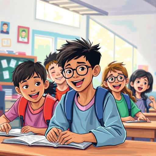 youthful energy, student life, vibrant colors, learning experience, back-to-school, dynamic composition, early morning light, playful textures, impressionist influence, academic focus, contemporary setting, diverse cultures, knowledge pursuit, educational environment, animated expressions, curiosity and wonder, lively movement, classroom setting, timeless education, youthful spirit, creative exploration, modern illustration, interactive learning