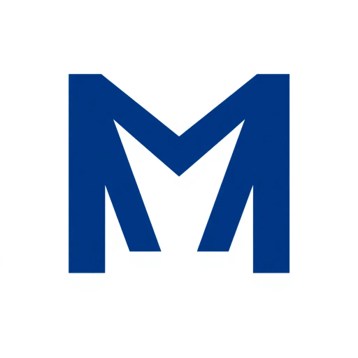 minimal M logo, perspective convergence, depth, hierarchy, solid indigo blue, geometric, modern tech design, flat vector, white background, Bauhaus influences, clean lines, symmetry, contemporary aesthetics, spatial innovation, futurism, precision, abstraction, innovative branding, structural elegance