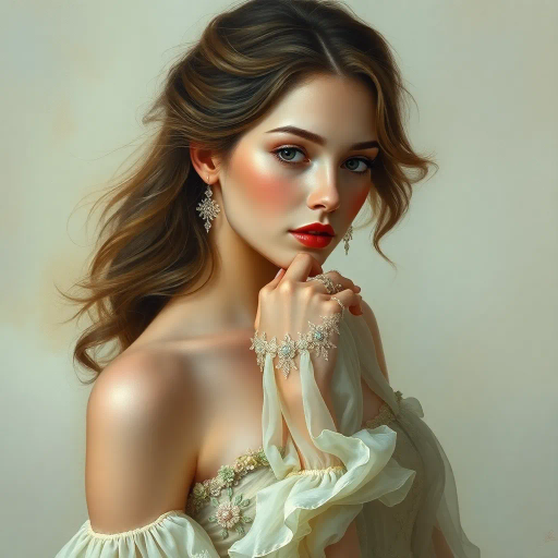 elegant femmes, graceful posture, intricate fashion, ethereal beauty, soft lighting, romantic era, impressionistic brushstrokes, pastel hues, delicate textures, feminine elegance, serene expressions, renaissance influences, flowing fabrics, atmospheric composition, refined aesthetics, timeless allure, enchanting aura, subtle movement, classical themes, Claude Monet, Edgar Degas, Raphael, chiaroscuro, delicate pastels, harmonious balance, historical richness, fine detail, luminous glow, cultural grace, narrative depth, portraiture, emotive grace, evocative ambiance