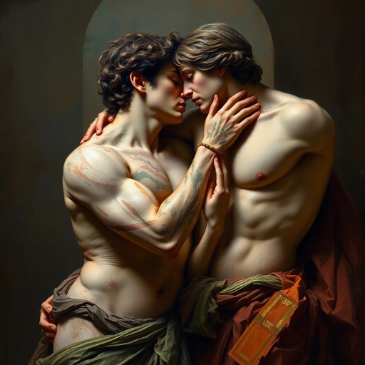 romantic entanglement, vibrant renaissance, chiaroscuro lighting, passionate expression, classical composition, textured brushstrokes, warm color palette, intimate mood, dynamic movement, cultural fusion, mythical symbolism, detailed anatomy, Michelangelo influence, Baroque drama, ethereal atmosphere, poetic essence, timeless elegance