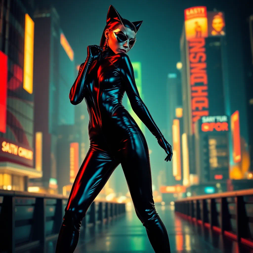 sleek catsuit design, high fashion, futuristic elements, vibrant neon lighting, dynamic pose, bold composition, metallic textures, sci-fi influence, Joan Miró inspiration, night cityscape, cyberpunk aesthetics, mysterious mood, playful elegance, abstract forms, intricate detailing, avant-garde style, fluid movements, bold color contrasts, surreal presentation, depth and layering, unconventional materials, reflections and shadows, elegant silhouette, imaginative realm, Salvador Dali, dreamlike atmosphere, geometric precision, fluid dynamics, visual storytelling, abstract surrealism, enigmatic expressions, ethereal glow, kaleidoscopic patterns, reflective surfaces, overlapping dimensions, contrasting hues, multidimensional perspective, spatial depth, imaginative narrative