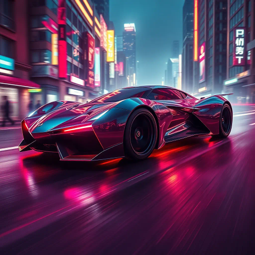 futuristic car design, sleek lines, chrome finish, vibrant neon highlights, dramatic lighting, dynamic movement, aerodynamic shape, retro-futurism, precision engineering, urban environment, concept art, high-tech materials, hyper-realistic detailing, modern aesthetics, speed and agility, metallic textures, ambient atmosphere, avant-garde composition, illuminated cityscape, art deco influences