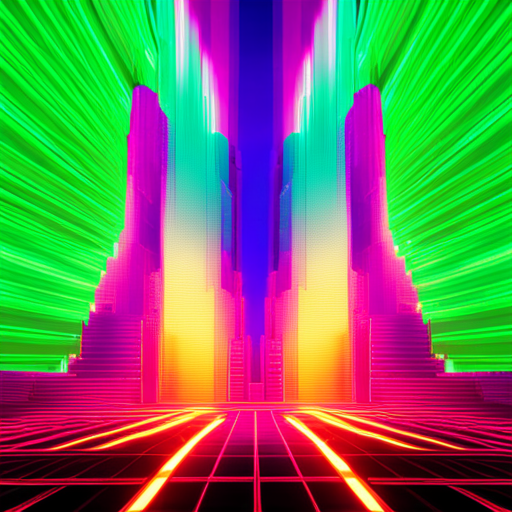 surrealism, glitch art, retro-futurism, electric intensity, arcade machines, techno cyberpunk, virtual reality, 3D animation, vibrant colors, futuristic textures, psychedelic colors, megastructures, chaos, digital sparks, rhythmical patterns