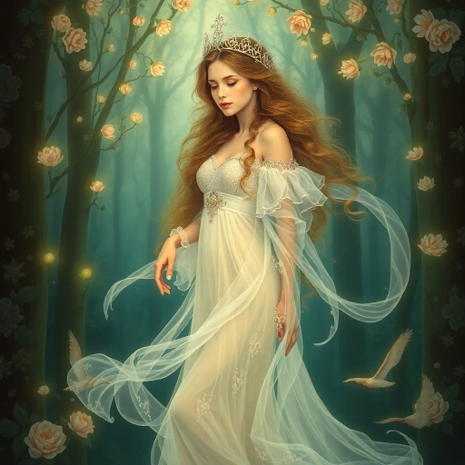 ethereal maiden, delicate features, Alphonse Mucha, Art Nouveau, flowing gowns, surreal ambiance, dreamlike setting, mystical forest, soft pastels, luminescent glow, intricate details, magical aura, gentle movement, Renaissance influences, serene expression, whimsical elements, rich textures, poetic essence, imaginary realm, lyrical beauty, fantasy, illusion, graceful, ethereal light, mythical tones, enchanting presence, romanticism, artistic storytelling, enchanted flora, celestial atmosphere, visual poetry
