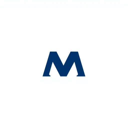 bold M logo mark, solid geometric letter, structured layers, subtle thin horizontal connector lines, indigo on white, modern minimal SaaS branding, flat vector, modernist simplicity, Bauhaus influence, clean design, minimalist aesthetics, structured composition, primary color palette, geometric precision, visual balance, negative space utilization, corporate identity, digital branding, contemporary design language, clarity in form