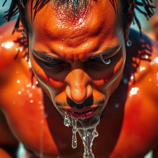 intense perspiration, hyper-realistic details, glistening skin, summer heat, shimmering sunlight, vivid contrasts, dynamic composition, emotional intensity, Yves Klein, contemporary styles, expressive textures, high saturation, close-up perspective, tactile surfaces, energy and movement, cultural vibrancy, micro details, translucent effects, immersive colors, modernist influence, human emotion, bold presentation