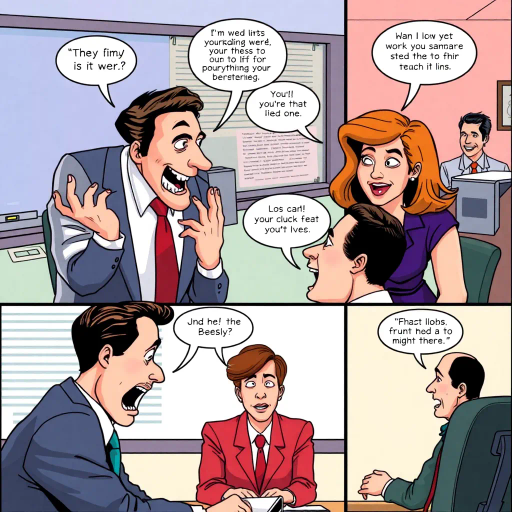 satirical workplace dynamics, humorous situations, colorful characters, Jim Halpert, Pam Beesly, mockumentary style, lively banter, office antics, playful tone, exaggerated expressions, narrative humor, corporate setting, vibrant palette, dynamic panels, exaggerated scenarios, comedic timing, slice of life, workplace comedy, Michael Scott, sitcom classic, Roy Lichtenstein influence, pop art aesthetic