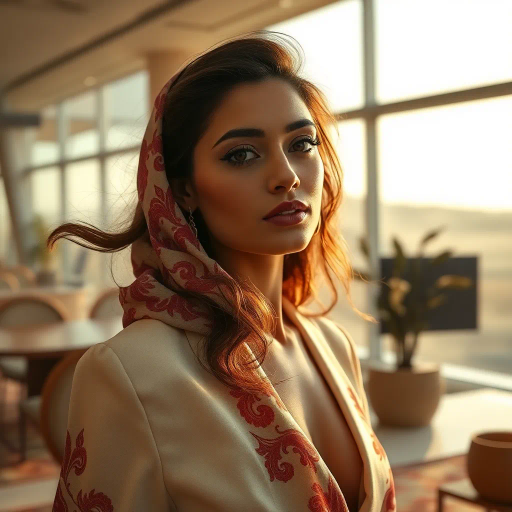 alluring Arab beauty, elegant poise, high heels, Henri Matisse and Yves Saint Laurent inspirations, modern elegance, desert oasis and professional setting, golden hour and chiaroscuro lighting, vibrant warm tones, luxurious textures, intricate and traditional Middle Eastern patterns, exotic allure, cultural richness, flowing lines, sensual movement, feminine power, refined and timeless grace, harmonious romantic ambiance, visual poetry, captivating and seductive composition, ethereal mood, desert mirage, artistic flair, expressive body language, sophisticated minimalism, textural contrast, dynamic perspective, poised demeanor, artistic serenity, contemporary realism, nuanced textures, stylish composition