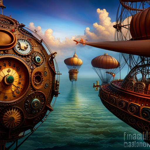 surrealism, dreamlike, vibrant colors, whimsical, Jules Verne, steampunk, aerial perspective, vast expanse, fantastical creatures, floating islands, magical realism, ethereal atmosphere, exaggerated scale, imaginative storytelling