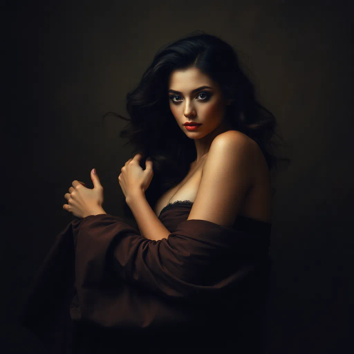 sultry elegance, flowing curves, renaissance revival, Caravaggio lighting, soft textures, velvet tones, intimate mood, muted palette, chiaroscuro techniques, sensuous allure, romantic ambiance, fine art photography, delicate brushstrokes, whisper of passion, moody atmosphere, evocative expressions, dreamlike quality, poetic movement, enigmatic gaze, cultural fusion, classical influences, modern reinterpretation