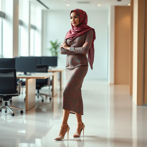Arab woman, elegant hijab, professional setting, modern workplace, high heels, Middle Eastern culture, contemporary art, intricate patterns, vibrant colors, soft lighting, dynamic pose, cultural expression, delicate fabrics, office environment, confident demeanor, sophisticated fashion, grace and poise, diverse representation, cultural fusion, empowerment, modernism, Impressionism influences, human form, balance and harmony, Henri Matisse, modern elegance, intricate textile patterns, vibrant aesthetic, global influence, artistic expression, dignity and strength, atmospheric composition, elegant lines, harmonious palette, seamless integration, modern artistry