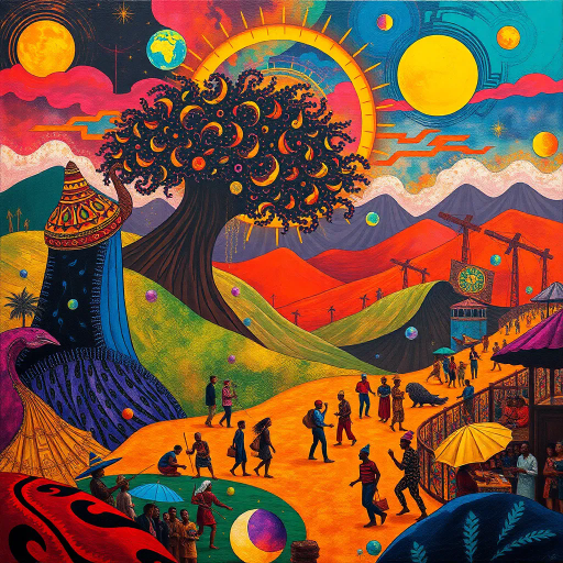 afrofuturism, vibrant colors, spiritual rhythm, cultural fusion, dynamic energy, musical flow, African landscapes, tribal patterns, surreal elements, harmonious balance, vivid movement, bustling community, celebration of life, abstract shapes, warm hues, energetic beats, rich textures, ethnocentric symbolism, modern aesthetics, contemporary twist, Afrofuturistic vibe, cultural harmony, progressive era, artistic fusion, joyful ambiance, intricate compositions, celebratory spirit, inspired by Basquiat and Kehinde Wiley