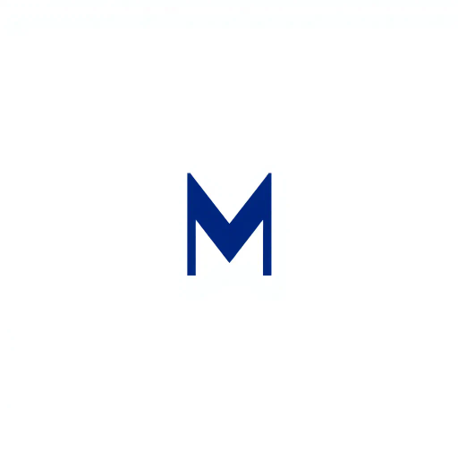 bold M logo mark, solid geometric letter, structured layers, subtle thin horizontal connector lines, indigo on white, modern minimal SaaS branding, flat vector, modernist simplicity, Bauhaus influence, clean design, minimalist aesthetics, structured composition, primary color palette, geometric precision, visual balance, negative space utilization, corporate identity, digital branding, contemporary design language, clarity in form