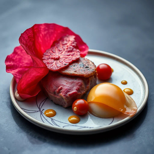 hyper-realistic, culinary artistry, still life, vibrant colors, succulent textures, food photography, gourmet presentation, chiaroscuro lighting, rich detail, natural composition, culinary textures, food stylization, glossy surfaces, nuanced hues, modern aesthetic, exquisite plating, artisanal craftsmanship, gourmet indulgence, food as art, visual feast, sumptuous presentation, high contrast, appetizing visual, culinary elegance, sumptuous culinary imagery, luxurious flavors, enchanting lighting, masterful composition, delectable aesthetics, lush vibrancy, intricate design, culinary symphony, dramatic contrasts, modernist cuisine, classic influence, refined detail, luscious presentation