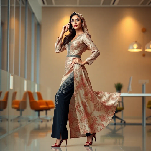elegant Arab woman, contemporary fashion, hijab, professional attire, modern workplace, high heels, Middle Eastern influence, vibrant colors, soft ambient lighting, dynamic posing, cultural expression, delicate textiles, confident and empowering presence, sophisticated grace, diverse cultural representation, fusion of modern and traditional elements, cultural fusion, empowerment and poise, Impressionism influences, Gustav Klimt inspiration, Art Nouveau elegance, intricate patterns, intricate detailing, vibrant color palette, symbolic attire, office environment, balance and harmony, dynamic composition, surreal lighting, cultural narrative, refined textures, bold symbolism, artistic influences, multicultural dialogue, striking balance, expressive realism, innovative representation, unique fashion, delicate balance, harmonious color palette