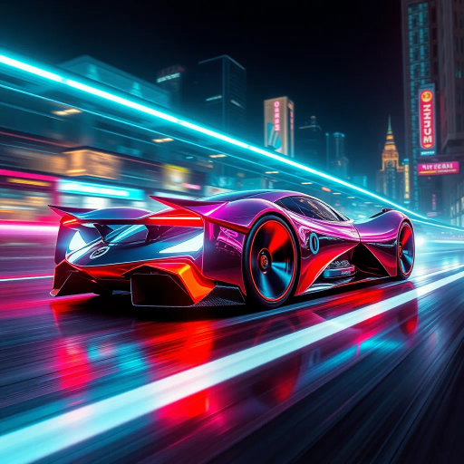 futuristic car design, sleek lines, chrome finish, vibrant neon highlights, dramatic lighting, dynamic movement, aerodynamic shape, retro-futurism, precision engineering, urban environment, concept art, high-tech materials, hyper-realistic detailing, modern aesthetics, speed and agility, metallic textures, ambient atmosphere, avant-garde composition, illuminated cityscape, art deco influences