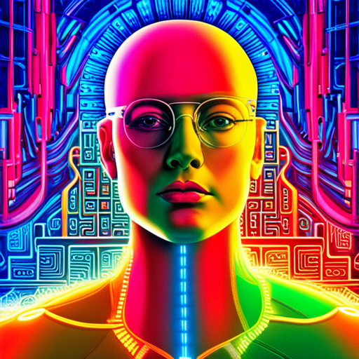 AI programming in a singularity matrix, exploring the boundaries of identity and consciousness through vivid colors and abstract shapes with hints of cyberpunk and postmodernism