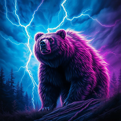 majestic bear, struck by lightning, dynamic energy, vibrant electric blues and purples, ethereal glow, dramatic sky, Surrealism, Salvador Dalí influence, mystical forest setting, chiaroscuro lighting contrasts, fluid motion, heroic and powerful, nature's fury, awe and wonder, intricate fur texture, dramatic scale, mythical ambiance, symbolic transformation, timeless wilderness, emotional intensity, elemental forces, narrative depth, allegorical representation