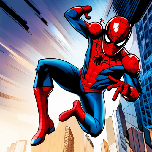 Spiderman, superhero, Marvel, action, comic book, illustration, webs, red and blue, dynamic, motion, New York City, skyscrapers, cityscape, urban, swinging, agility, acrobatic, web-slinging, crime-fighting, masked vigilante, Marvel Cinematic Universe, Stan Lee, Steve Ditko, pop art, sequential art