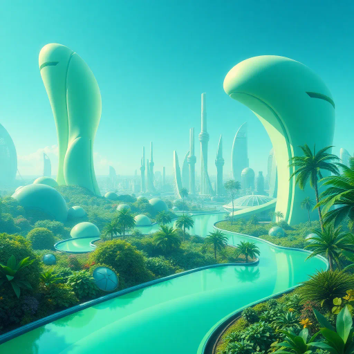 futuristic utopia, 2000s nostalgia, vibrant hues, glossy textures, lush greenery, botanical abundance, retro-futurism, blue and green palette, ecological harmony, smooth surfaces, reflective materials, soft gradients, hyper-realistic landscapes, Claude Lorrain influence, immersive environment, ethereal lighting, sprawling cityscapes, verdant parks, organic architecture, serene atmosphere, visionary aesthetics, dynamic compositions, interplay of nature and technology, fluid shapes, harmonious coexistence, evocative serenity, sustainable vision
