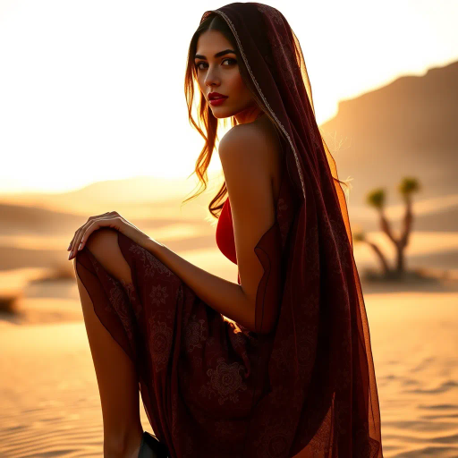 alluring Arab beauty, modern elegance, Henri Matisse and Yves Saint Laurent inspiration, high heels, desert oasis backdrop, golden hour and chiaroscuro lighting, vibrant colors, intricate patterns, delicate textures, sun-kissed skin, exotic allure, cultural richness, flowing lines, sensual movement, feminine power, refined grace, harmonious and romantic ambiance, visual poetry, timeless grace, captivating portraits, seductive composition, ethereal mood, desert mirage, artistic flair, Arabic cultural motifs, sophisticated minimalism, textured contrast, contemporary realism, poised demeanor, artistic serenity, Vermeer-inspired composition, soft ambient lighting, dynamic perspective, stylish composition, Hans Zatzka touch, art nouveau, intricate detail, ambient warmth, subtle textures, feminine allure, captivating presence, cultural identity, luxurious setting