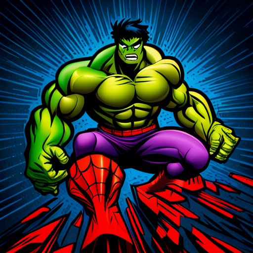 Hulk, Spider-Man, Marvel Comics, superhero, action, dynamic, punch, strength, agility, green, red, gamma radiation, web-slinging, New York City, skyscrapers, intense, powerful, dramatic, battle, heroics, iconic, panel, splash page, motion lines, sound effects, energy, power-up, fight scene