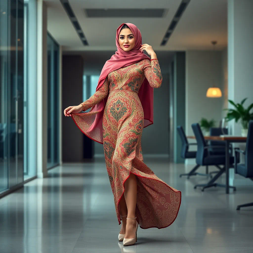 Arab woman, elegant hijab, professional setting, modern workplace, high heels, Middle Eastern culture, contemporary art, intricate patterns, vibrant colors, soft lighting, dynamic pose, cultural expression, delicate fabrics, office environment, confident demeanor, sophisticated fashion, grace and poise, diverse representation, cultural fusion, empowerment, modernism, Impressionism influences, human form, balance and harmony, Henri Matisse, modern elegance, intricate textile patterns, vibrant aesthetic, global influence, artistic expression, dignity and strength, atmospheric composition, elegant lines, harmonious palette, seamless integration, modern artistry