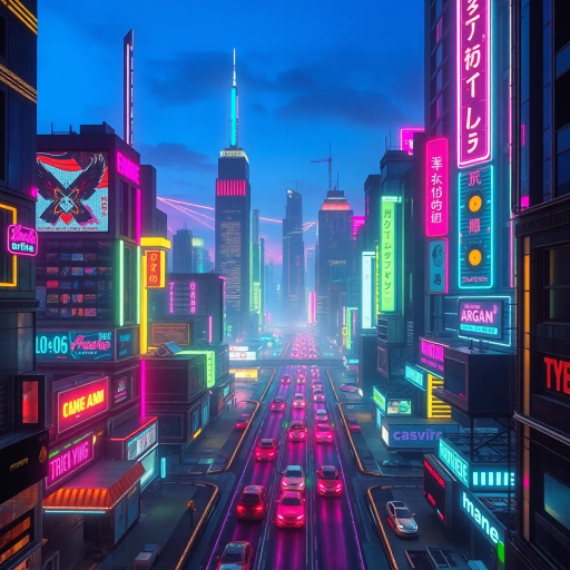 futuristic cityscape, cyberpunk vibes, vibrant neon colors, electric hues, 1980s aesthetics, synthwave influence, bold geometric shapes, neon lights, urban landscape, high contrast visuals, retro-futurism, dynamic movement, dusk lighting, vivid reflections, intricate detailing, digital rendering, surreal atmosphere, abstract patterns, sci-fi elements, immersive universe, nostalgic mood, visual rhythm, avant-garde expression, cultural nostalgia, neon-punk, Brian Eno, Tron, fluorescent glow, Jean Giraud, Ridley Scott, saturated palette, chrome textures, digital synesthesia, kinetic energy, multilayered narrative, kaleidoscopic perspective, David Bowie, ethereal ambiance