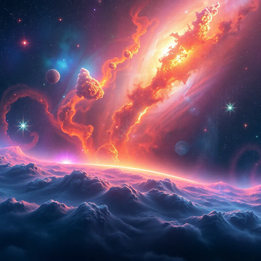 cosmic vistas, celestial landscapes, futuristic, vibrant nebulas, star clusters, vast galaxies, ethereal light, Hubble-inspired, vibrant color palettes, science fiction, surreal horizons, distant planets, cosmic dust, expansive space, swirling shapes, dynamic movement, deep space exploration, imaginative worlds, interstellar travel, otherworldly, surrealism, space-time continuum, vastness, galactic elegance, digital-art, abstract expressionism, Salvador Dalí, cosmic realism, luminescent aura, spectral light, astral phenomena, transcendent experience, cosmic symmetry, infinite expanse, universe tapestry, kaleidoscopic vision, outer dimensions, art cosmos, intergalactic serenity, time-bending realms, Einsteinian influences, cosmic intricacies