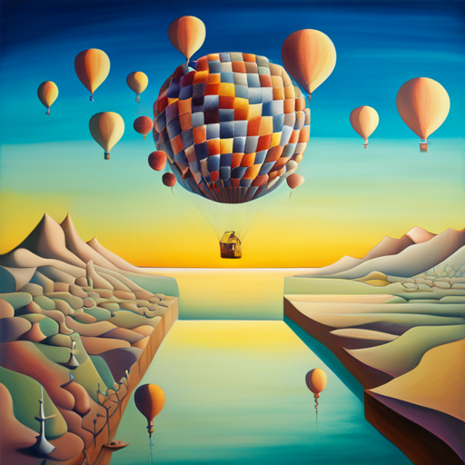 vibrant colors, large scale, dreamlike landscape, whimsical hot air balloon, surreal atmosphere, fantasy elements, imaginative composition, ethereal lighting, fantastical perspective, magical realism, floating sensation, colorful palette, otherworldly adventure