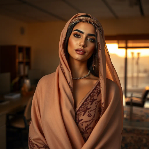 alluring Arab beauty, elegant poise, high heels, Henri Matisse and Yves Saint Laurent inspirations, modern elegance, desert oasis and professional setting, golden hour and chiaroscuro lighting, vibrant warm tones, luxurious textures, intricate and traditional Middle Eastern patterns, exotic allure, cultural richness, flowing lines, sensual movement, feminine power, refined and timeless grace, harmonious romantic ambiance, visual poetry, captivating and seductive composition, ethereal mood, desert mirage, artistic flair, expressive body language, sophisticated minimalism, textural contrast, dynamic perspective, poised demeanor, artistic serenity, contemporary realism, nuanced textures, stylish composition