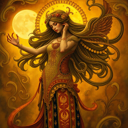 mythical, majestic, strength, empowerment, femininity, elaborate, intricate, Gustav Klimt, surrealism, ethereal glow, warm tones, flowing forms, organic curves, rich textures, celestial, moonlit, divine essence, gracefulness, ancient symbolism, empowering, timeless beauty, vibrant, lush, magical realism, mysterious allure, enchanted, whimsical