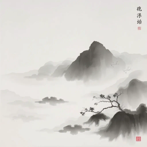 traditional chinese ink wash, minimalistic elegance, serene landscapes, Liu Shou-Kwan, soft gradients, flowing brushwork, monochrome palette, delicate textures, introspective mood, atmospheric depth, ancient Chinese heritage, meditative visuals, harmonious balance, elegant simplicity, cultural symbolism, elegant calligraphy, ethereal mists, timeless beauty, spiritual journey, intricate line quality, profound serenity, tranquil tone, classical composition, restrained palette, intrinsic harmony, digital landscape, modern interpretation, artistic refinement, spiritual reflection, dynamic fluidity