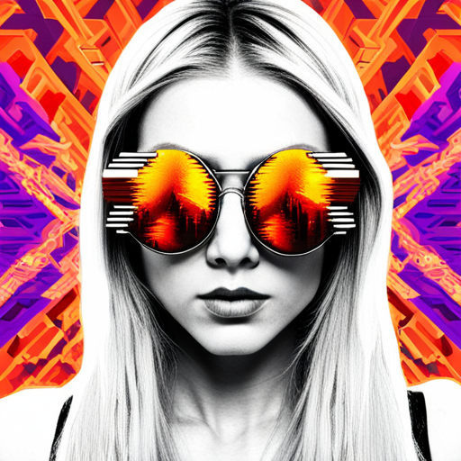 glitch art, cyberpunk, neon lights, futuristic, biomechanical, rave culture, augmented reality, metallic accents, reflection, post-apocalyptic, dystopian, sunglasses, Fire-inspired fashion, Radial symmetry, UV protection, Multidimensional shapes