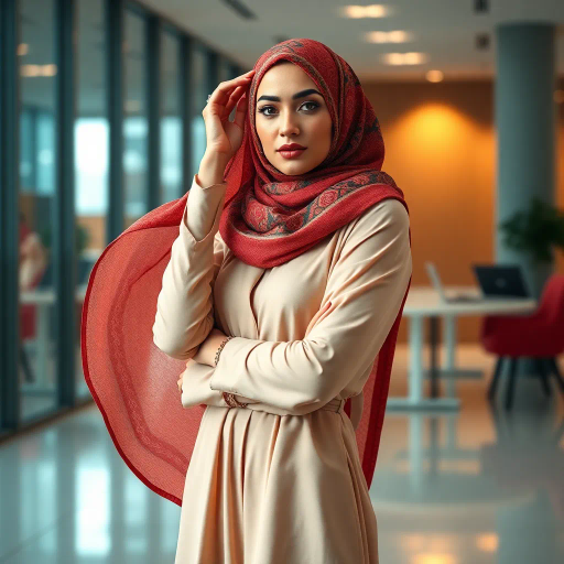 elegant Arab woman, contemporary fashion, hijab, professional attire, modern workplace, high heels, Middle Eastern influence, vibrant colors, soft ambient lighting, dynamic posing, cultural expression, delicate textiles, confident and empowering presence, sophisticated grace, diverse cultural representation, fusion of modern and traditional elements, cultural fusion, empowerment and poise, Impressionism influences, Gustav Klimt inspiration, Art Nouveau elegance, intricate patterns, intricate detailing, vibrant color palette, symbolic attire, office environment, balance and harmony, dynamic composition, surreal lighting, cultural narrative, refined textures, bold symbolism, artistic influences, multicultural dialogue, striking balance, expressive realism, innovative representation, unique fashion, delicate balance, harmonious color palette