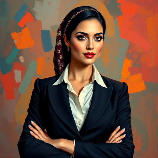 elegant Arab woman, modern professional, sleek office attire, vibrant colors, impressionist lighting, contemporary Middle Eastern art, refined elegance, warm tones, expressive gaze, dynamic composition, blend of traditional and modern motifs, subtle textures, intricate patterns, confident pose, cultural richness, narrative depth, nuanced expression, engaging perspective, Henri Matisse influence, abstract background, fluid lines, empowering presence, metaphorical symbolism, workplace harmony, graceful demeanor