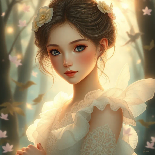 innocent young maiden, charming elegance, ethereal glow, inspired by Yoshitaka Amano, whimsical fantasy, serene ambiance, soft pastel hues, delicate brushwork, intricate lace textures, dreamlike scene, luminous lighting, gentle perspective, emotional warmth, magical atmosphere, fairy tale influences, graceful pose, art nouveau curves, enchanting forest backdrop, mythical creatures, serene expression