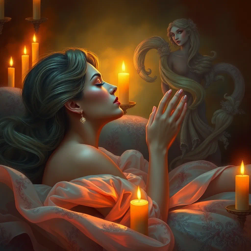 seductive elegance, ethereal allure, vivid passion, romantic symbolism, soft curves, glowing warmth, surreal intimacy, flowing garments, Baroque flair, chiaroscuro, gentle brushstrokes, rich textures, vibrant hues, mythical romance, evocative glance, candlelit setting, ornamental details, luxurious fabric, dreamlike atmosphere, sensual poise, enigmatic aura, fantasy realms, classical influences, timeless beauty, tender expression