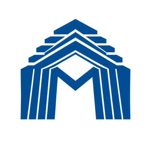 bold letter M, parallel strokes, tapering structure, upward hierarchy, indigo blue, geometric precision, vector design, minimalist aesthetic, structural elegance, balance and symmetry, clean composition, white background, modernist influences, Bauhaus geometry, minimal lines, disciplined form, artistic clarity, abstract expression, Kandinsky inspiration, harmonious contrast, flat color fields, innovative typographic elements, Swiss design principles, mid-century modern vibes