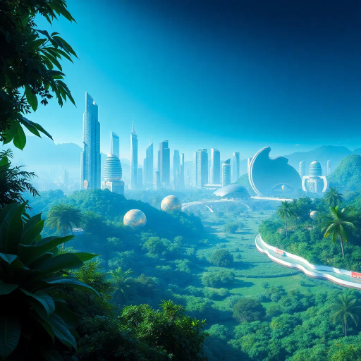 futuristic utopia, 2000s nostalgia, vibrant hues, glossy textures, lush greenery, botanical abundance, retro-futurism, blue and green palette, ecological harmony, smooth surfaces, reflective materials, soft gradients, hyper-realistic landscapes, Claude Lorrain influence, immersive environment, ethereal lighting, sprawling cityscapes, verdant parks, organic architecture, serene atmosphere, visionary aesthetics, dynamic compositions, interplay of nature and technology, fluid shapes, harmonious coexistence, evocative serenity, sustainable vision
