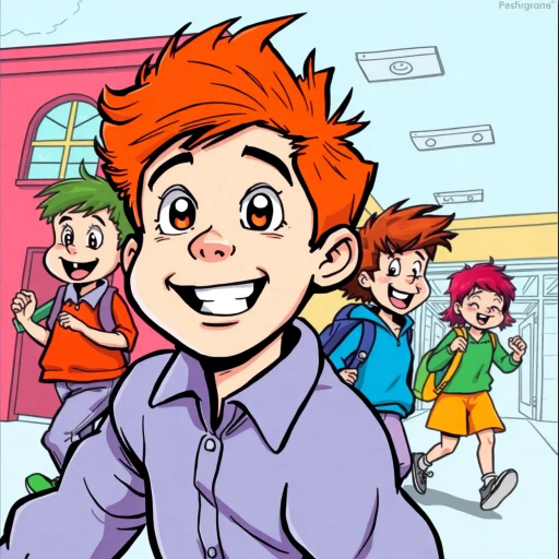 vibrant colors, dynamic composition, youthful energy, reminiscent of 1990s cartoons, bright primary color palette, exaggerated expressions, playful line work, John Byrne, school setting, coming-of-age theme, lighthearted humor, illustrated texture, upbeat mood, expressive poses, cultural nostalgia, storytelling through panels, whimsical perspective, classic comic style, narrative focus, imaginative storytelling, educational environment