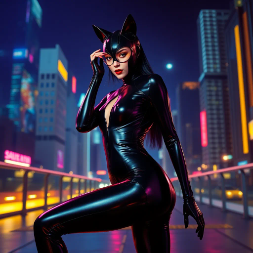 sleek catsuit design, high fashion, futuristic elements, vibrant neon lighting, dynamic pose, bold composition, metallic textures, sci-fi influence, Joan Miró inspiration, night cityscape, cyberpunk aesthetics, mysterious mood, playful elegance, abstract forms, intricate detailing, avant-garde style, fluid movements, bold color contrasts, surreal presentation, depth and layering, unconventional materials, reflections and shadows, elegant silhouette, imaginative realm, Salvador Dali, dreamlike atmosphere, geometric precision, fluid dynamics, visual storytelling, abstract surrealism, enigmatic expressions, ethereal glow, kaleidoscopic patterns, reflective surfaces, overlapping dimensions, contrasting hues, multidimensional perspective, spatial depth, imaginative narrative