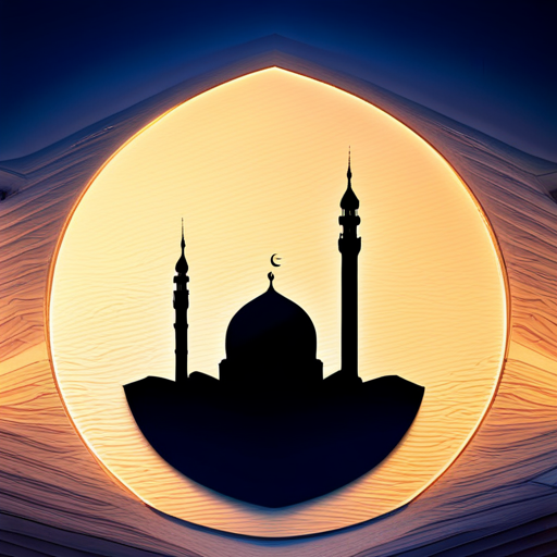 masjid symbol, rounded border, border shadow, time 04:10, caption 7 minutes walking distance, app opening screen