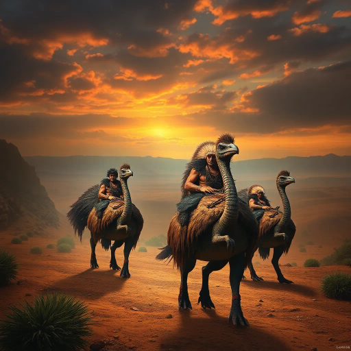 ancient warriors, clad in animal skins, riding cassowaries resembling dinosaurs, oasis setting, desert horizon, dramatic light, epic scale, vivid colors, imaginative mythological narrative, dynamic movement, prehistoric landscape, tribal culture, intense atmosphere, surreal imagery, panoramic view, mystical aura, primal energy, textured surfaces, cinematic framing, adventurous spirit, untamed wilderness, rich detail