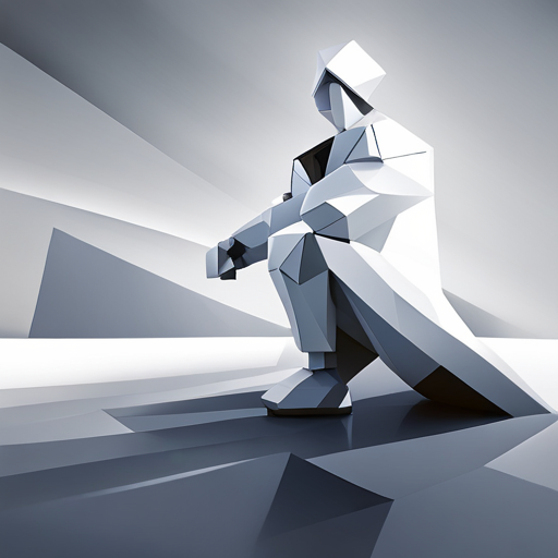 Minimalist, geometric robot sculpture, evoke cuteness with simplicity, emphasizing low-poly texture using white space, light sources and geometric shapes