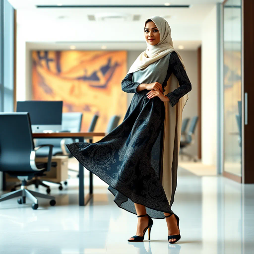 Arab woman, elegant hijab, professional setting, modern workplace, high heels, Middle Eastern culture, contemporary art, intricate patterns, vibrant colors, soft lighting, dynamic pose, cultural expression, delicate fabrics, office environment, confident demeanor, sophisticated fashion, grace and poise, diverse representation, cultural fusion, empowerment, modernism, Impressionism influences, human form, balance and harmony, Henri Matisse, modern elegance, intricate textile patterns, vibrant aesthetic, global influence, artistic expression, dignity and strength, atmospheric composition, elegant lines, harmonious palette, seamless integration, modern artistry