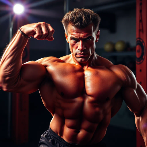 dynamic pose, intense focus, Arnold Schwarzenegger, hyper-realistic, chiaroscuro lighting, Baroque influences, vivid colors, contrasting shadows, high contrast, muscular definition, sweat beads, modern fitness, energetic movement, contemporary realism, urban gym setting, motivational atmosphere, lens flare effects, dramatic angles, dynamic composition, physical strength, art nouveau inspiration