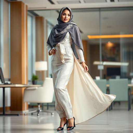 Arab woman, elegant hijab, professional setting, modern workplace, high heels, Middle Eastern culture, contemporary art, intricate patterns, vibrant colors, soft lighting, dynamic pose, cultural expression, delicate fabrics, office environment, confident demeanor, sophisticated fashion, grace and poise, diverse representation, cultural fusion, empowerment, modernism, Impressionism influences, human form, balance and harmony, Henri Matisse, modern elegance, intricate textile patterns, vibrant aesthetic, global influence, artistic expression, dignity and strength, atmospheric composition, elegant lines, harmonious palette, seamless integration, modern artistry